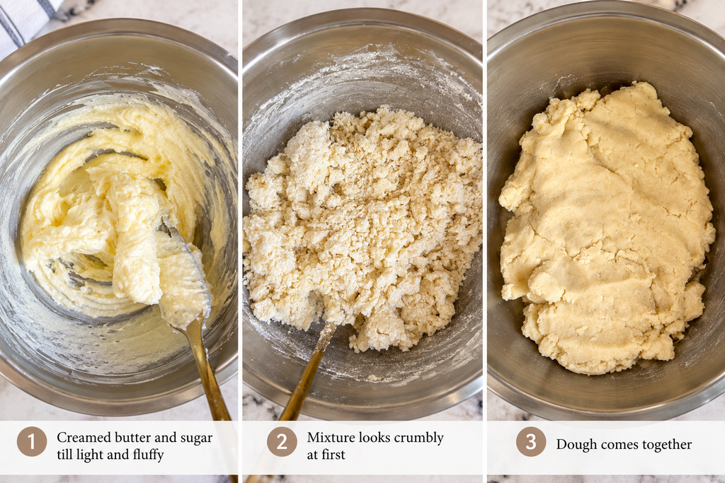 Three stages of mixing coconut cookie dough until it comes together