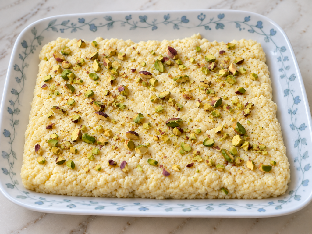 Homemade Kalakand shaped and topped with chopped pistachios