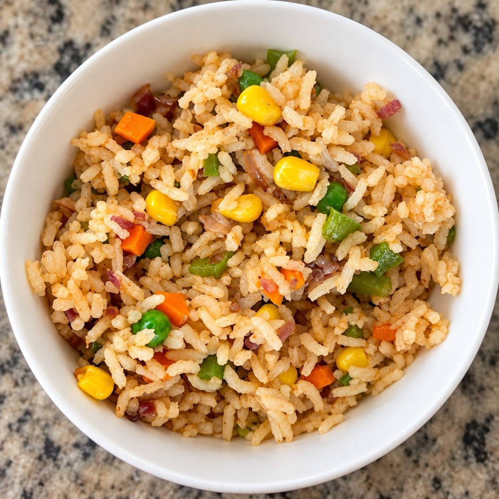 Vegetable fried rice made with leftover rice, corn, carrots, peas and bell peppers