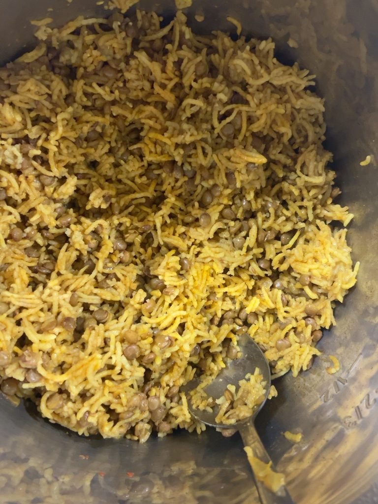 Soft black masoor dal khichdi after pressure cooking in the Instant Pot.